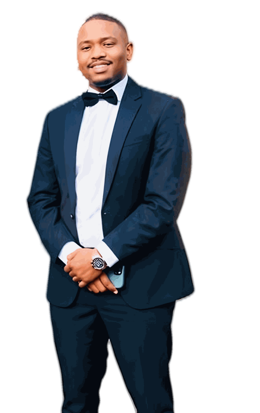 Nkanyezi Ntuli in a navy suit and bow tie
